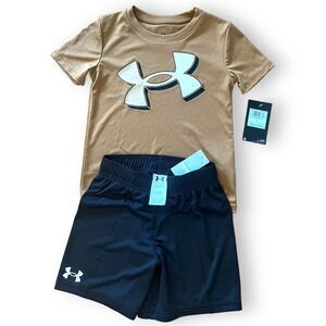 Under Amour Boys Short Shirt Set 2-Piece Set Casual Nubuck Tan Blue Size 4 NWT